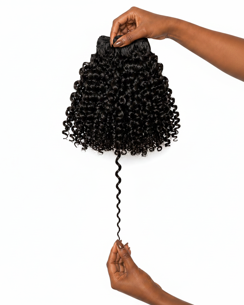 Black curly hair extension held by hands with a measurement label indicating 16 inches.